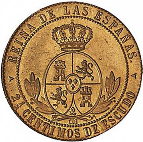 2 ½ Céntimos Escudo Reverse Image minted in SPAIN in 1868OM (1865-68  -  ISABEL II - 2nd Decimal Coinage)  - The Coin Database