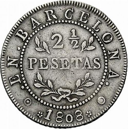 2 half Pesetas Reverse Image minted in SPAIN in 1808 (1808-13  -  JOSE NAPOLEON - Barcelona)  - The Coin Database