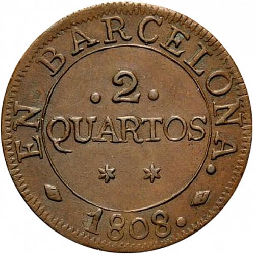 2 Cuartos Reverse Image minted in SPAIN in 1808 (1808-13  -  JOSE NAPOLEON - Barcelona)  - The Coin Database