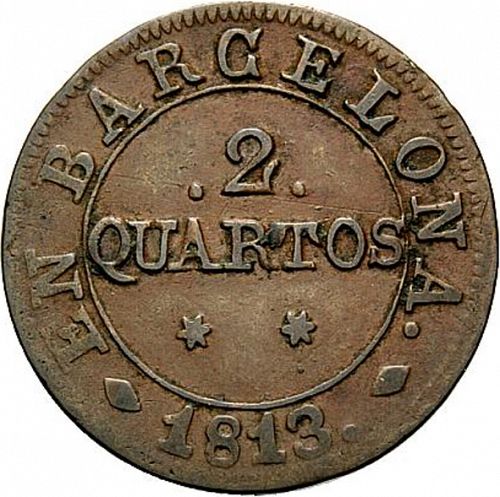 2 Cuartos Reverse Image minted in SPAIN in 1813 (1808-13  -  JOSE NAPOLEON - Barcelona)  - The Coin Database