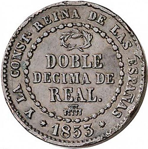 Doble Décima Real Obverse Image minted in SPAIN in 1853 (1849-64  -  ISABEL II - Decimal Coinage)  - The Coin Database