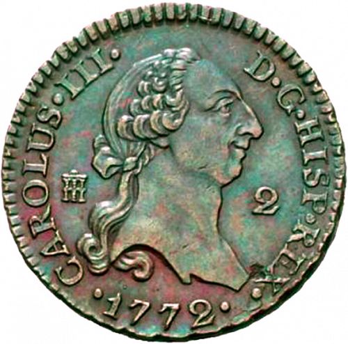 2 Maravedies Obverse Image minted in SPAIN in 1772 (1759-88  -  CARLOS III)  - The Coin Database