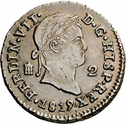 2 Maravedies Obverse Image minted in SPAIN in 1819 (1808-33  -  FERNANDO VII)  - The Coin Database