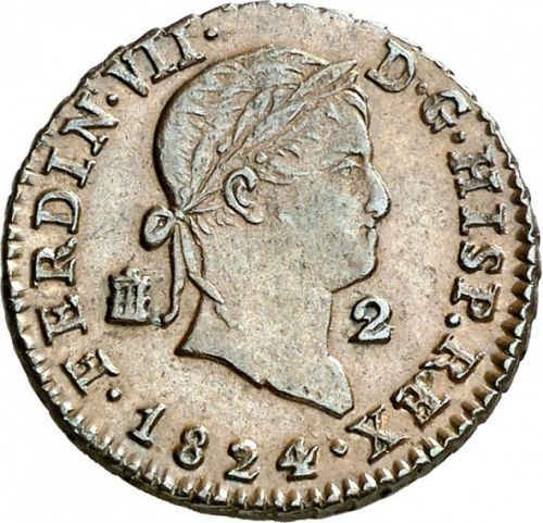 2 Maravedies Obverse Image minted in SPAIN in 1824 (1808-33  -  FERNANDO VII)  - The Coin Database