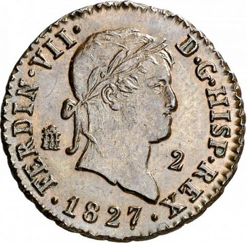 2 Maravedies Obverse Image minted in SPAIN in 1827 (1808-33  -  FERNANDO VII)  - The Coin Database