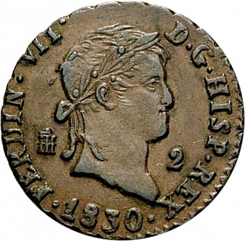 2 Maravedies Obverse Image minted in SPAIN in 1830 (1808-33  -  FERNANDO VII)  - The Coin Database