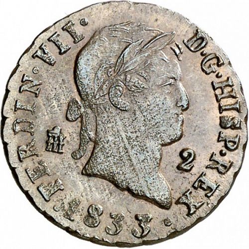 2 Maravedies Obverse Image minted in SPAIN in 1833 (1808-33  -  FERNANDO VII)  - The Coin Database