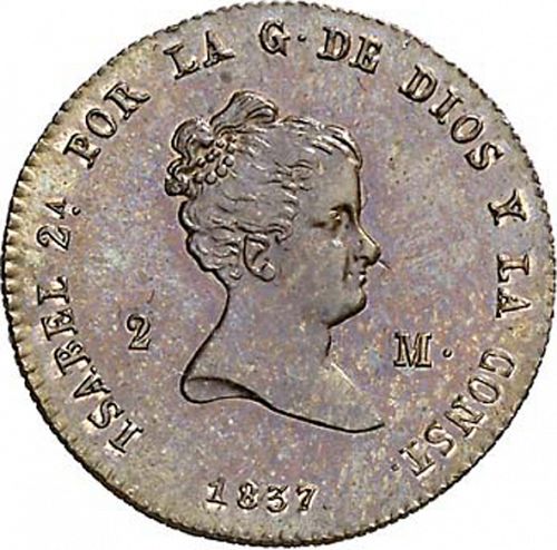 2 Maravedies Obverse Image minted in SPAIN in 1837DG (1833-48  -  ISABEL II)  - The Coin Database