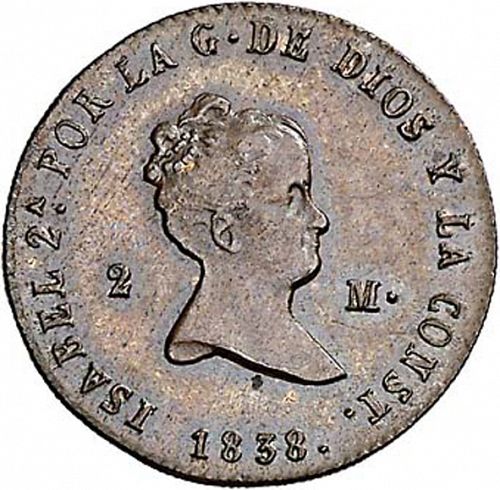 2 Maravedies Obverse Image minted in SPAIN in 1838 (1833-48  -  ISABEL II)  - The Coin Database