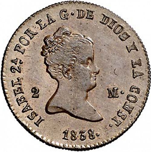 2 Maravedies Obverse Image minted in SPAIN in 1838 (1833-48  -  ISABEL II)  - The Coin Database