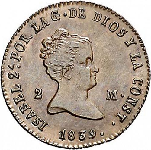 2 Maravedies Obverse Image minted in SPAIN in 1839 (1833-48  -  ISABEL II)  - The Coin Database