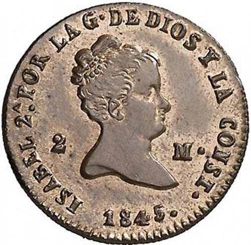2 Maravedies Obverse Image minted in SPAIN in 1845 (1833-48  -  ISABEL II)  - The Coin Database