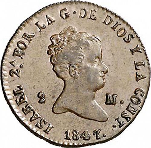 2 Maravedies Obverse Image minted in SPAIN in 1847 (1833-48  -  ISABEL II)  - The Coin Database