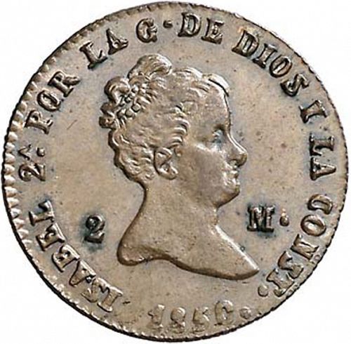 2 Maravedies Obverse Image minted in SPAIN in 1850 (1833-48  -  ISABEL II)  - The Coin Database