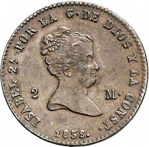 2 Maravedies Obverse Image minted in SPAIN in 1858 (1833-48  -  ISABEL II)  - The Coin Database