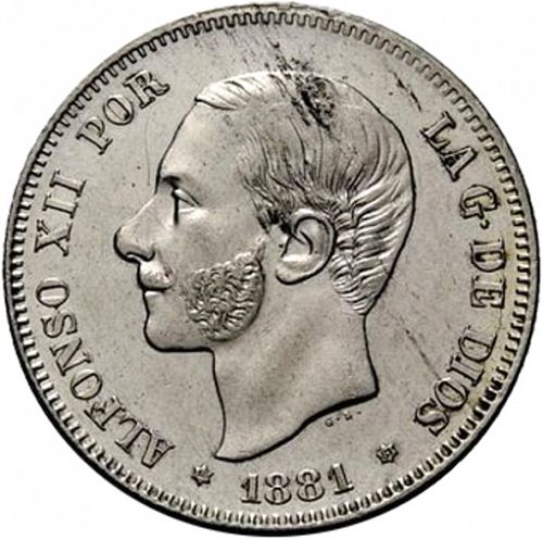 2 Pesetas Obverse Image minted in SPAIN in 1881 / 81 (1874-85  -  ALFONSO XII)  - The Coin Database