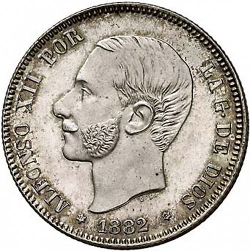 2 Pesetas Obverse Image minted in SPAIN in 1882 / 82 (1874-85  -  ALFONSO XII)  - The Coin Database