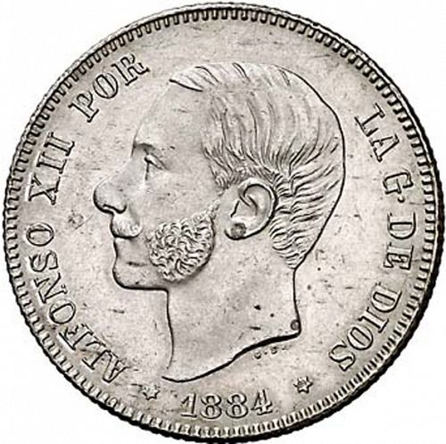 2 Pesetas Obverse Image minted in SPAIN in 1884 / 84 (1874-85  -  ALFONSO XII)  - The Coin Database