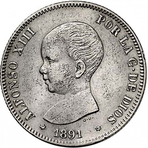 2 Pesetas Obverse Image minted in SPAIN in 1891 / 91 (1886-31  -  ALFONSO XIII)  - The Coin Database