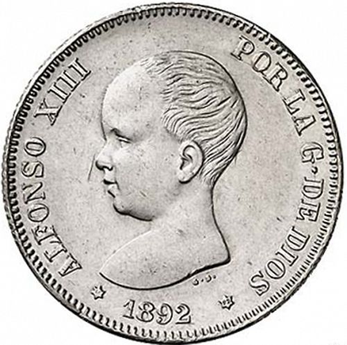 2 Pesetas Obverse Image minted in SPAIN in 1892 / 92 (1886-31  -  ALFONSO XIII)  - The Coin Database