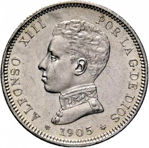 2 Pesetas Obverse Image minted in SPAIN in 1905 / 05 (1886-31  -  ALFONSO XIII)  - The Coin Database