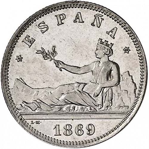2 Pesetas Obverse Image minted in SPAIN in 1869 / 69 (1868-70  -  PROVISIONAL GOVERNMENT)  - The Coin Database