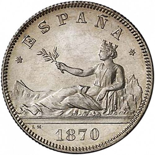 2 Pesetas Obverse Image minted in SPAIN in 1870 / 70 (1868-70  -  PROVISIONAL GOVERNMENT)  - The Coin Database