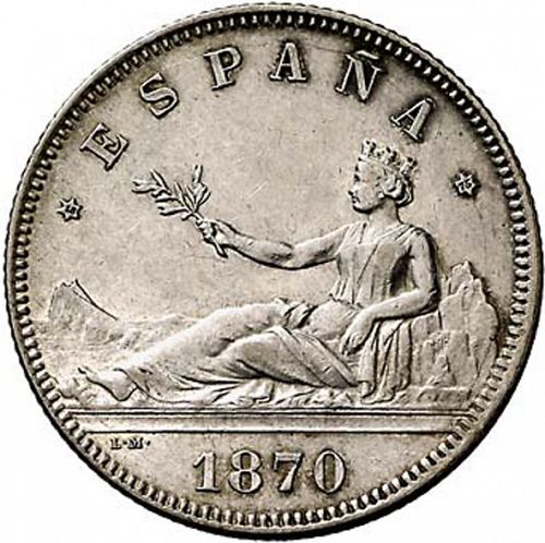 2 Pesetas Obverse Image minted in SPAIN in 1870 / 75 (1868-70  -  PROVISIONAL GOVERNMENT)  - The Coin Database