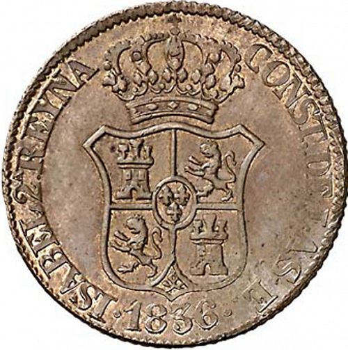 3 Cuartos Obverse Image minted in SPAIN in 1836 (1833-48  -  ISABEL II - Catalonia Principality)  - The Coin Database