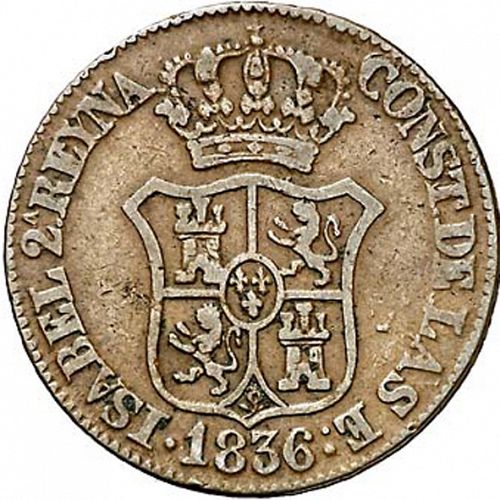 3 Cuartos Obverse Image minted in SPAIN in 1836 (1833-48  -  ISABEL II - Catalonia Principality)  - The Coin Database