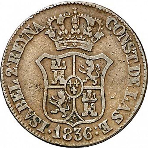 3 Cuartos Obverse Image minted in SPAIN in 1836 (1833-48  -  ISABEL II - Catalonia Principality)  - The Coin Database