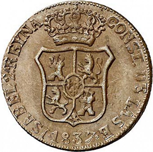3 Cuartos Obverse Image minted in SPAIN in 1837 (1833-48  -  ISABEL II - Catalonia Principality)  - The Coin Database