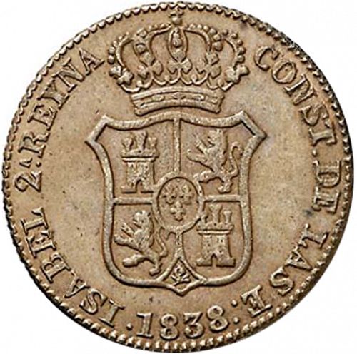 3 Cuartos Obverse Image minted in SPAIN in 1838 (1833-48  -  ISABEL II - Catalonia Principality)  - The Coin Database