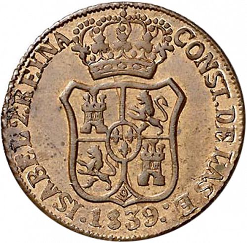 3 Cuartos Obverse Image minted in SPAIN in 1839 (1833-48  -  ISABEL II - Catalonia Principality)  - The Coin Database