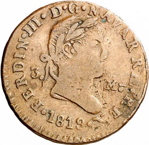 3 Maravedies Obverse Image minted in SPAIN in 1819 (1808-33  -  FERNANDO VII)  - The Coin Database