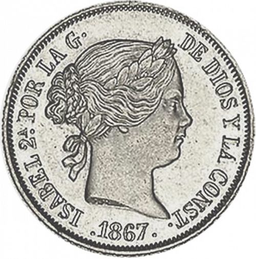 40 Céntimos Escudo Obverse Image minted in SPAIN in 1867 (1865-68  -  ISABEL II - 2nd Decimal Coinage)  - The Coin Database