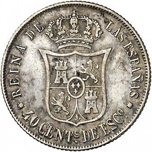 40 Céntimos Escudo Reverse Image minted in SPAIN in 1865 (1865-68  -  ISABEL II - 2nd Decimal Coinage)  - The Coin Database