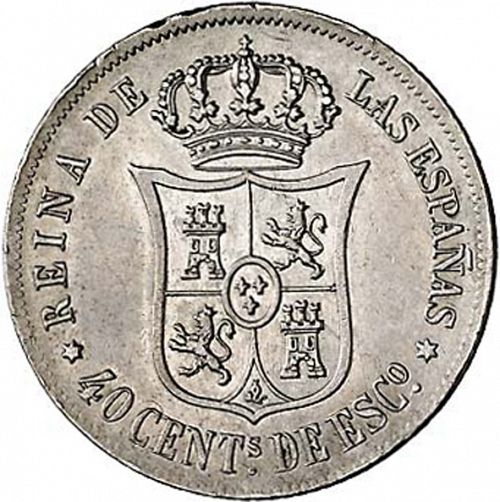 40 Céntimos Escudo Reverse Image minted in SPAIN in 1866 (1865-68  -  ISABEL II - 2nd Decimal Coinage)  - The Coin Database