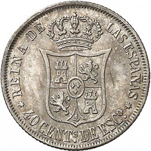 40 Céntimos Escudo Reverse Image minted in SPAIN in 1866 (1865-68  -  ISABEL II - 2nd Decimal Coinage)  - The Coin Database