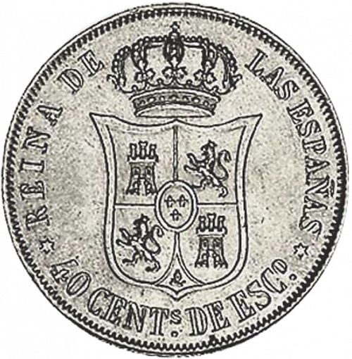 40 Céntimos Escudo Reverse Image minted in SPAIN in 1867 (1865-68  -  ISABEL II - 2nd Decimal Coinage)  - The Coin Database