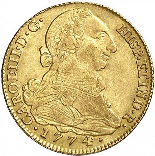 4 Escudos Obverse Image minted in SPAIN in 1774PJ (1759-88  -  CARLOS III)  - The Coin Database