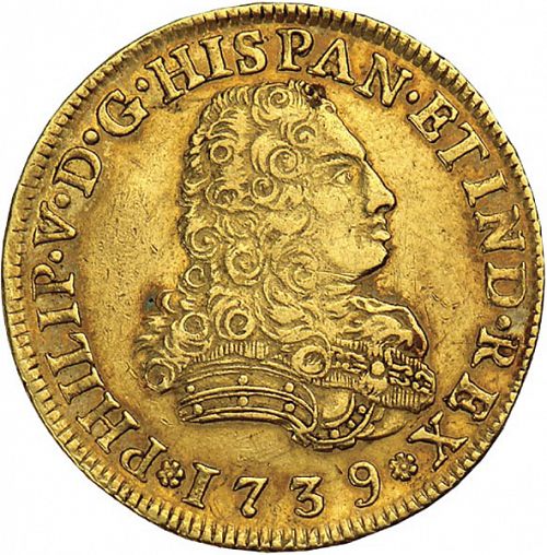 4 Escudos Obverse Image minted in SPAIN in 1739MF (1700-46  -  FELIPE V)  - The Coin Database