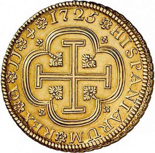 4 Escudos Reverse Image minted in SPAIN in 1725JJ (1700-46  -  FELIPE V)  - The Coin Database