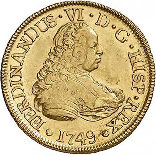 4 Escudos Obverse Image minted in SPAIN in 1749J (1746-59  -  FERNANDO VI)  - The Coin Database