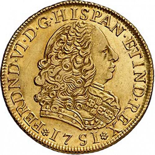 4 Escudos Obverse Image minted in SPAIN in 1751J (1746-59  -  FERNANDO VI)  - The Coin Database