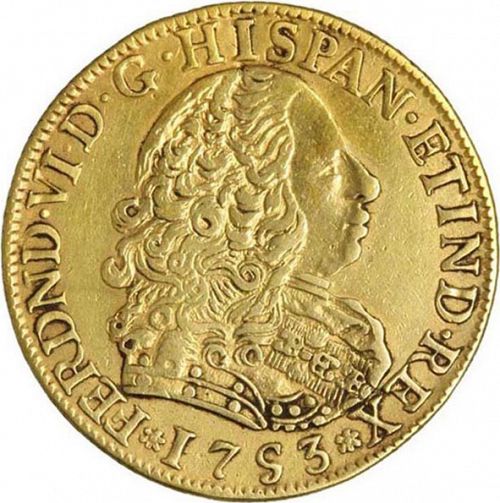 4 Escudos Obverse Image minted in SPAIN in 1753J (1746-59  -  FERNANDO VI)  - The Coin Database
