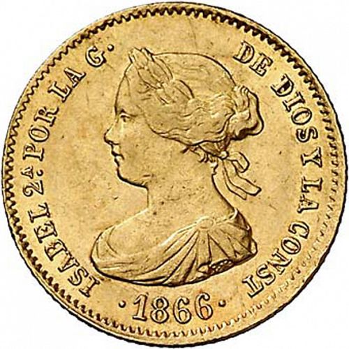 4 Escudos Obverse Image minted in SPAIN in 1866 (1865-68  -  ISABEL II - 2nd Decimal Coinage)  - The Coin Database