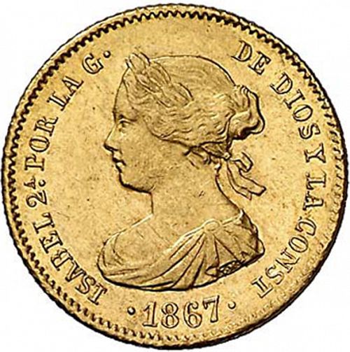 4 Escudos Obverse Image minted in SPAIN in 1867 (1865-68  -  ISABEL II - 2nd Decimal Coinage)  - The Coin Database