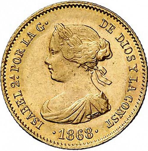 4 Escudos Obverse Image minted in SPAIN in 1868 / 68 (1865-68  -  ISABEL II - 2nd Decimal Coinage)  - The Coin Database