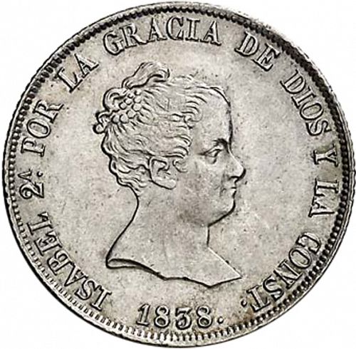 4 Reales Obverse Image minted in SPAIN in 1838CL (1833-48  -  ISABEL II)  - The Coin Database